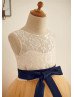 Ivory Lace Champagne Tulle Tea Length Flower Girl Dress